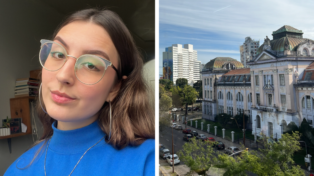 Two images side by side. On the left, the image of student Luisa Hampel and on the right, the image of the Federal University of Rio Grande do Sul.