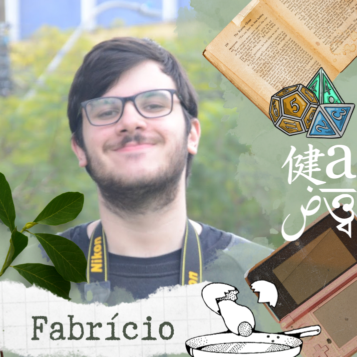 Fabrício's chosen picture for the introduction post. On the background there's a picture of Fabrício, a young white man with black hair, brown eyes and a short beard, he also wears glasses. 
On the foreground there are some illustrations depicting some of his interests over some green watercolor smudges, the illustrations are clockwise: an old book, three RPG dice, extracts of different scripts (chinese, latin, arabic and devanagari), a Nintendo 3DS, a frying pan with an egg cracking on top of it, and a branch of leaves. Right under the portrait there's Fabrícios name over a teared piece of paper.