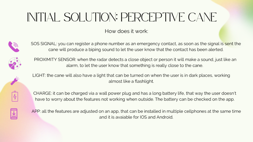 How the initial solution works slide
text explaining: sos signal; proximity sensor; light; charge; app.