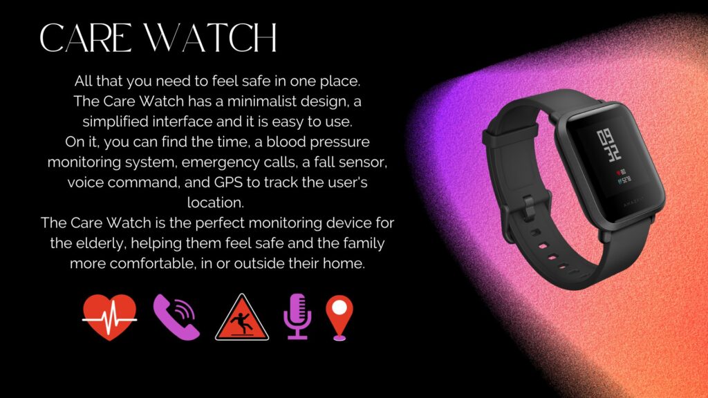 Slide number 3 with a black background, some orange and lilac details. It has a watch photo and some icons (heart, phone, slip sign, microphone, location).