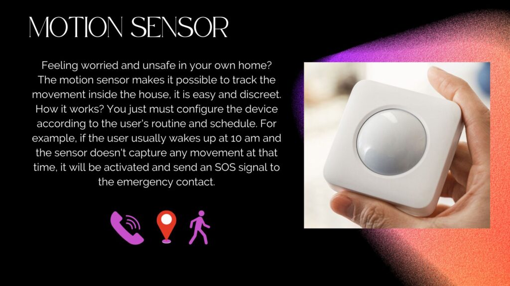 Slide number 4 with a black background, some orange and lilac details. It has a motion sensor and some icons (phone, location and walking).