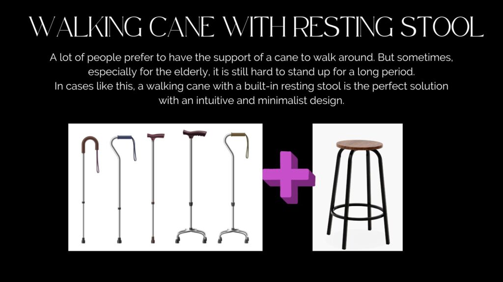 Slide number 5 with a black background. It has a walking cane picture and a stool picture, with the plus sign in the middle.