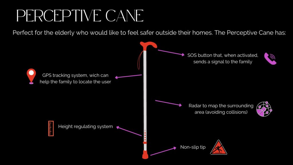 Slide number 6 with a black background. It has a walking cane illustration and some icons (locations, height, non-slip sign, radar, phone).