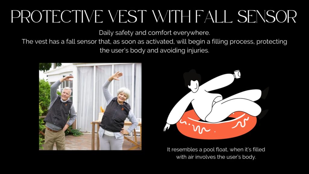 Slide number 7 with a black background. It has an elderly couple photo and a illustration of a person falling in to a pool float.
