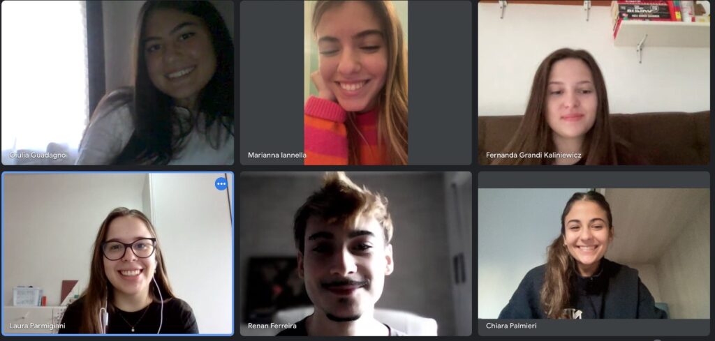 A screenshot of a Google Meet meeting, with 5 girls and a boy.